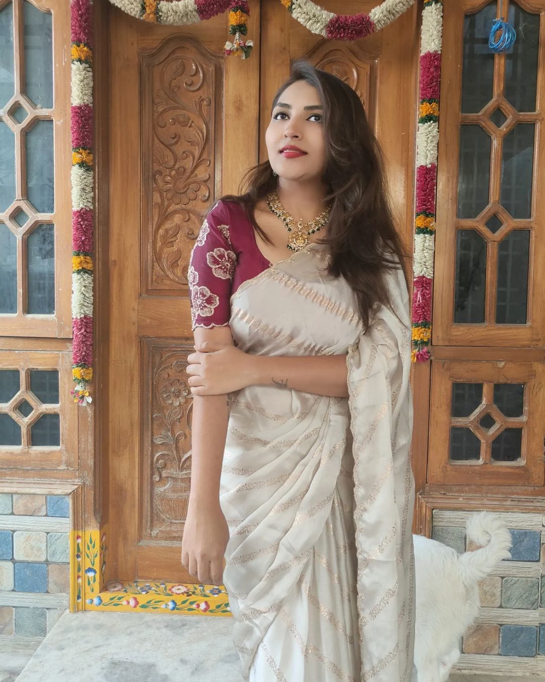 Satin Chiffon Lehriya Floral Saree with Embroidered Contrast Blouse