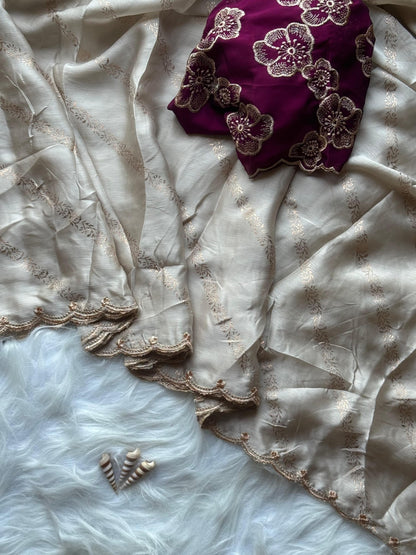 Satin Chiffon Lehriya Floral Saree with Embroidered Contrast Blouse