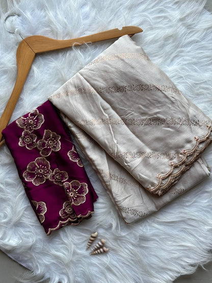 Satin Chiffon Lehriya Floral Saree with Embroidered Contrast Blouse