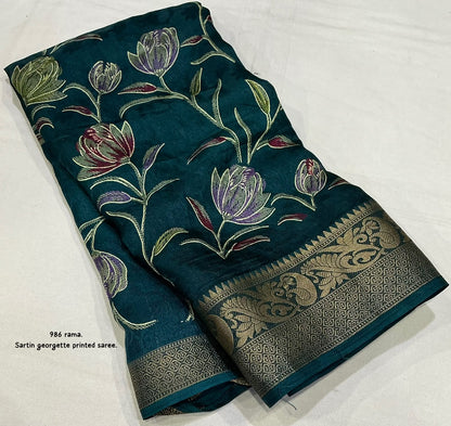 Satin Georgette Kashmiri Print Saree with Zari Pattu Border