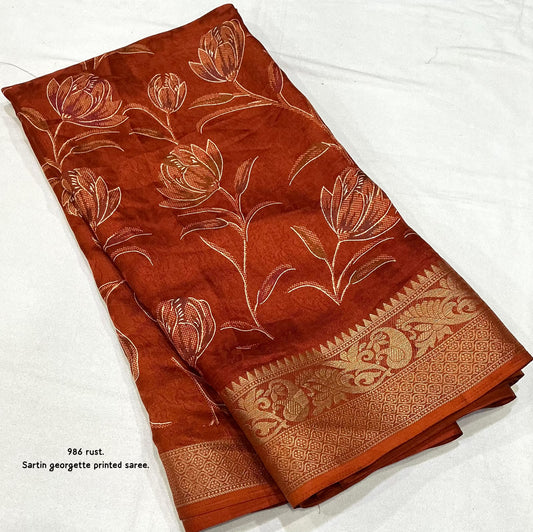 Satin Georgette Kashmiri Print Saree with Zari Pattu Border