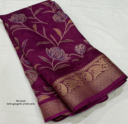 Satin Georgette Kashmiri Print Saree with Zari Pattu Border