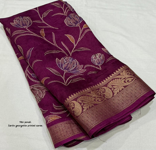 Satin Georgette Kashmiri Print Saree with Zari Pattu Border