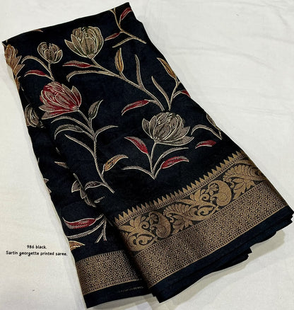 Satin Georgette Kashmiri Print Saree with Zari Pattu Border