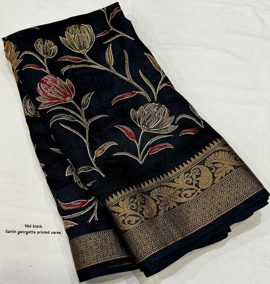 Satin Georgette Kashmiri Print Saree with Zari Pattu Border