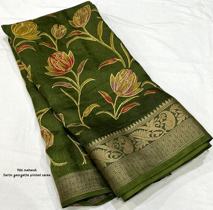 Satin Georgette Kashmiri Print Saree with Zari Pattu Border