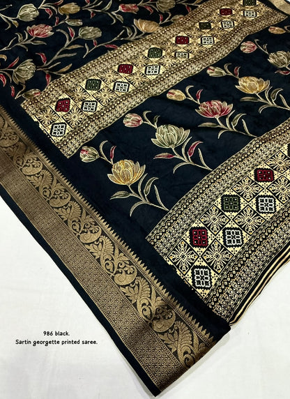 Satin Georgette Kashmiri Print Saree with Zari Pattu Border