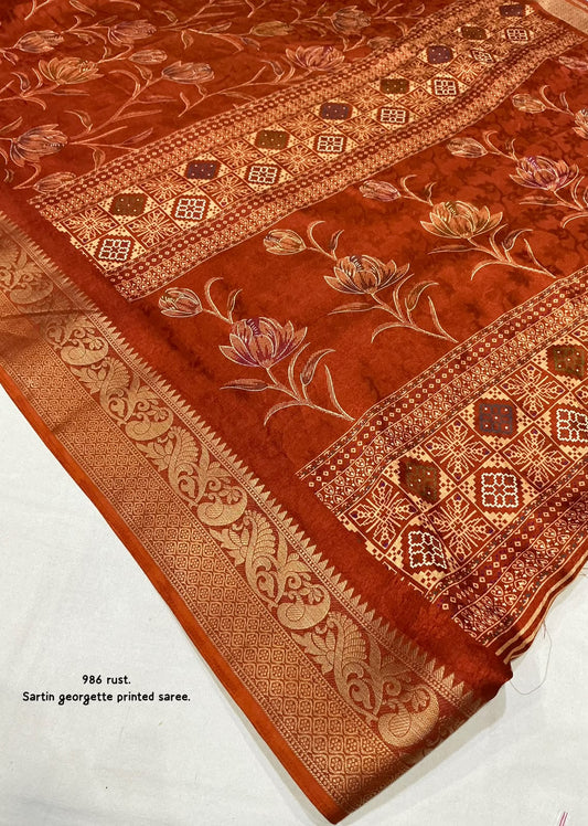 Satin Georgette Kashmiri Print Saree with Zari Pattu Border