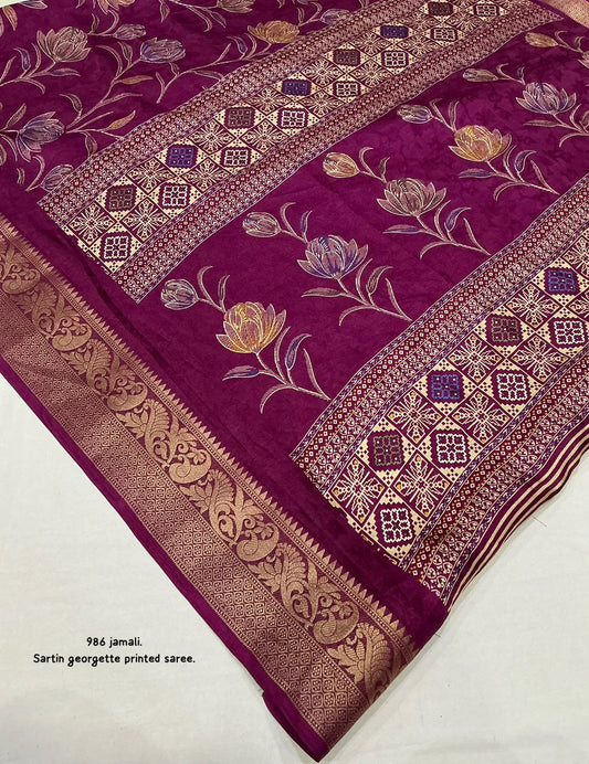 Satin Georgette Kashmiri Print Saree with Zari Pattu Border