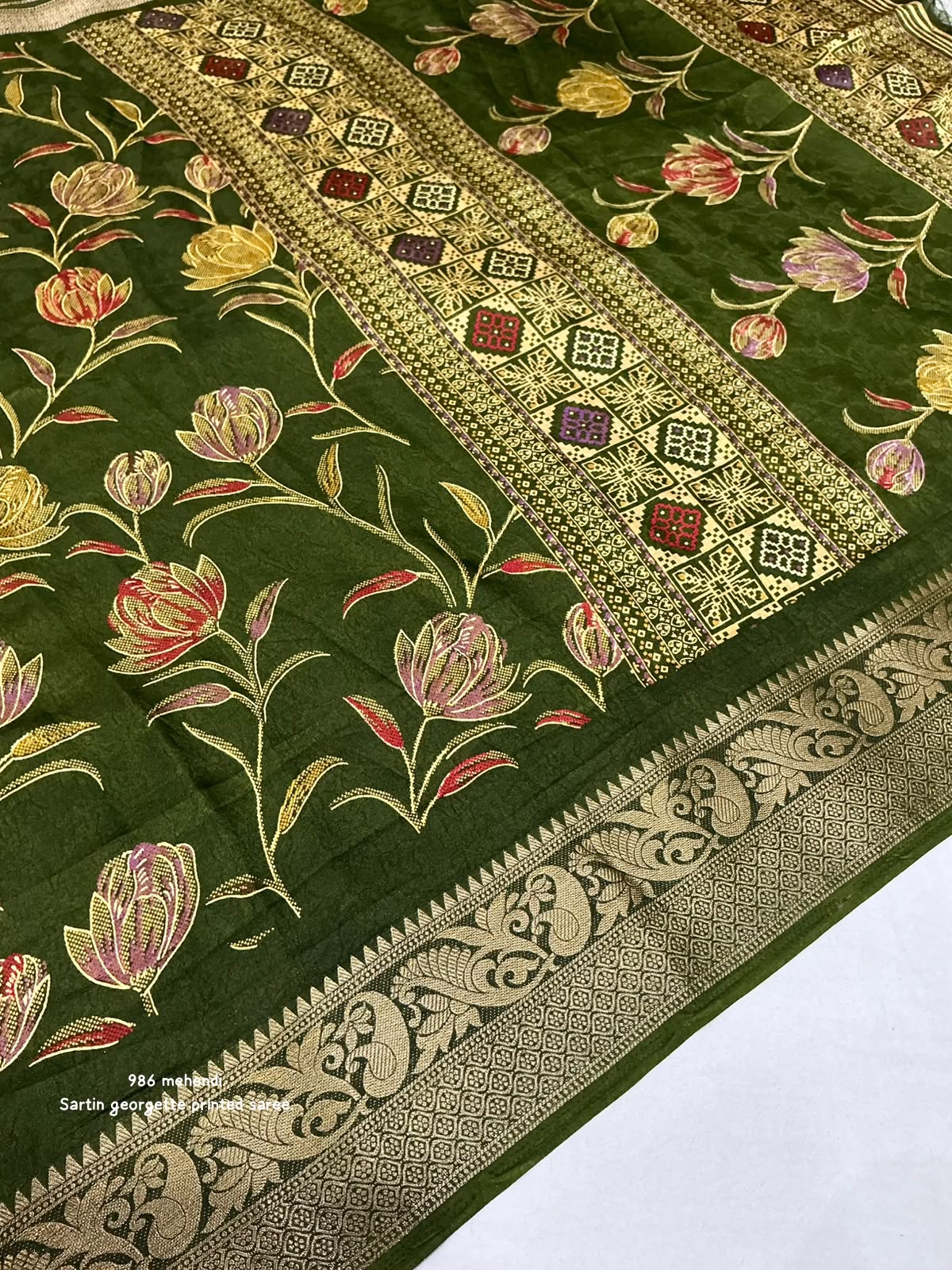 Satin Georgette Kashmiri Print Saree with Zari Pattu Border