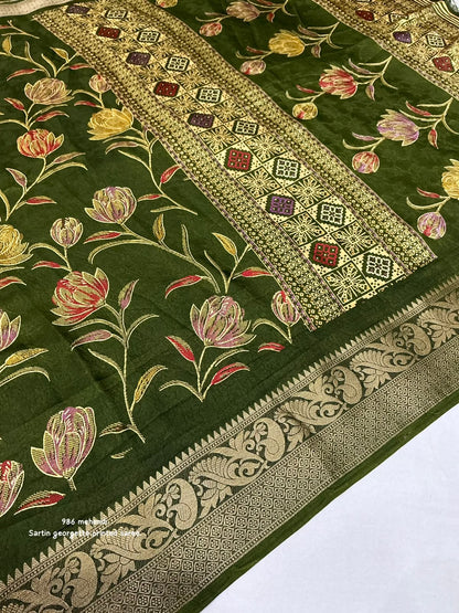 Satin Georgette Kashmiri Print Saree with Zari Pattu Border