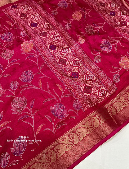 Satin Georgette Kashmiri Print Saree with Zari Pattu Border