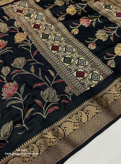 Satin Georgette Kashmiri Print Saree with Zari Pattu Border