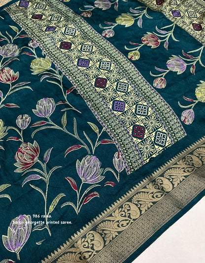Satin Georgette Kashmiri Print Saree with Zari Pattu Border