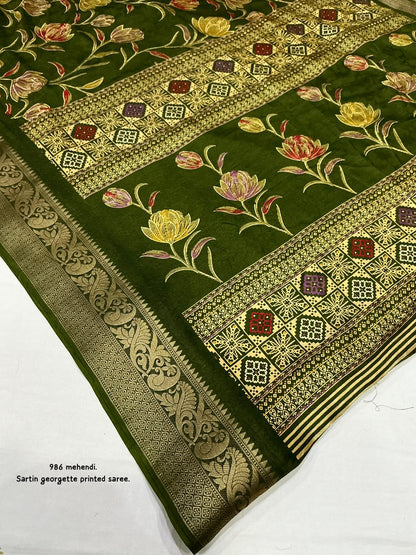 Satin Georgette Kashmiri Print Saree with Zari Pattu Border