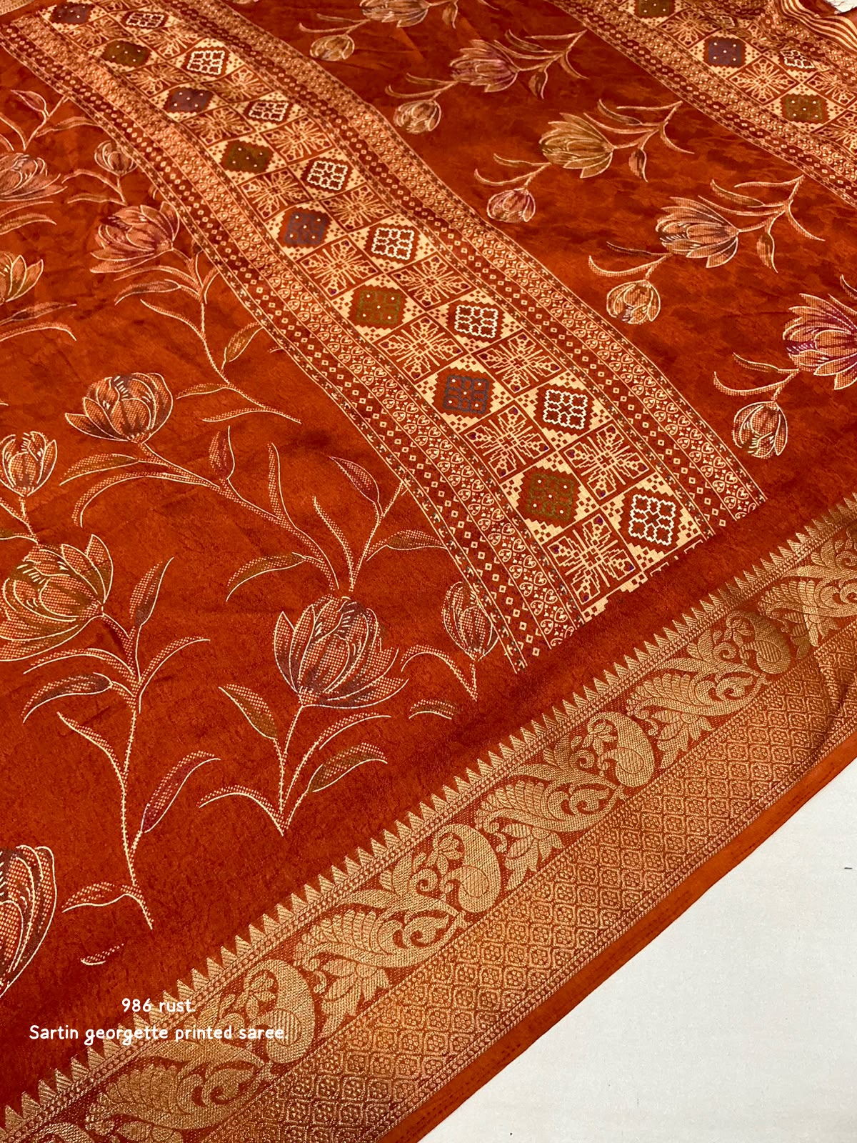 Satin Georgette Kashmiri Print Saree with Zari Pattu Border