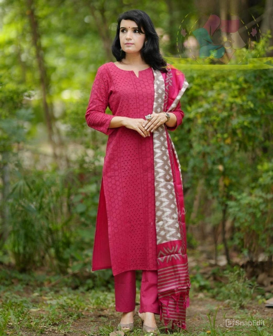 Schiffli Embroidered Cotton Kurti Set with Silk Dupatta – Cotton Lining & Pant Included