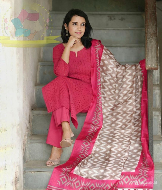 Schiffli Embroidered Cotton Kurti Set with Silk Dupatta – Cotton Lining & Pant Included