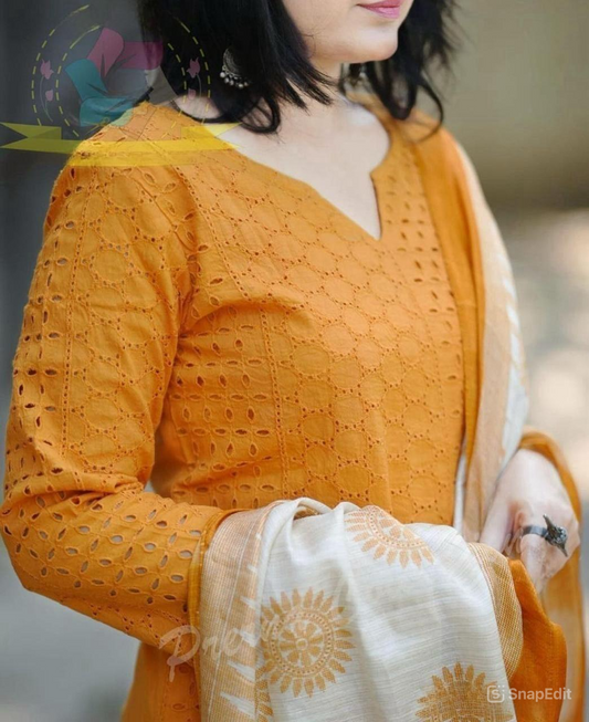 Schiffli Embroidered Cotton Kurti Set with Silk Dupatta – Cotton Lining & Pant Included