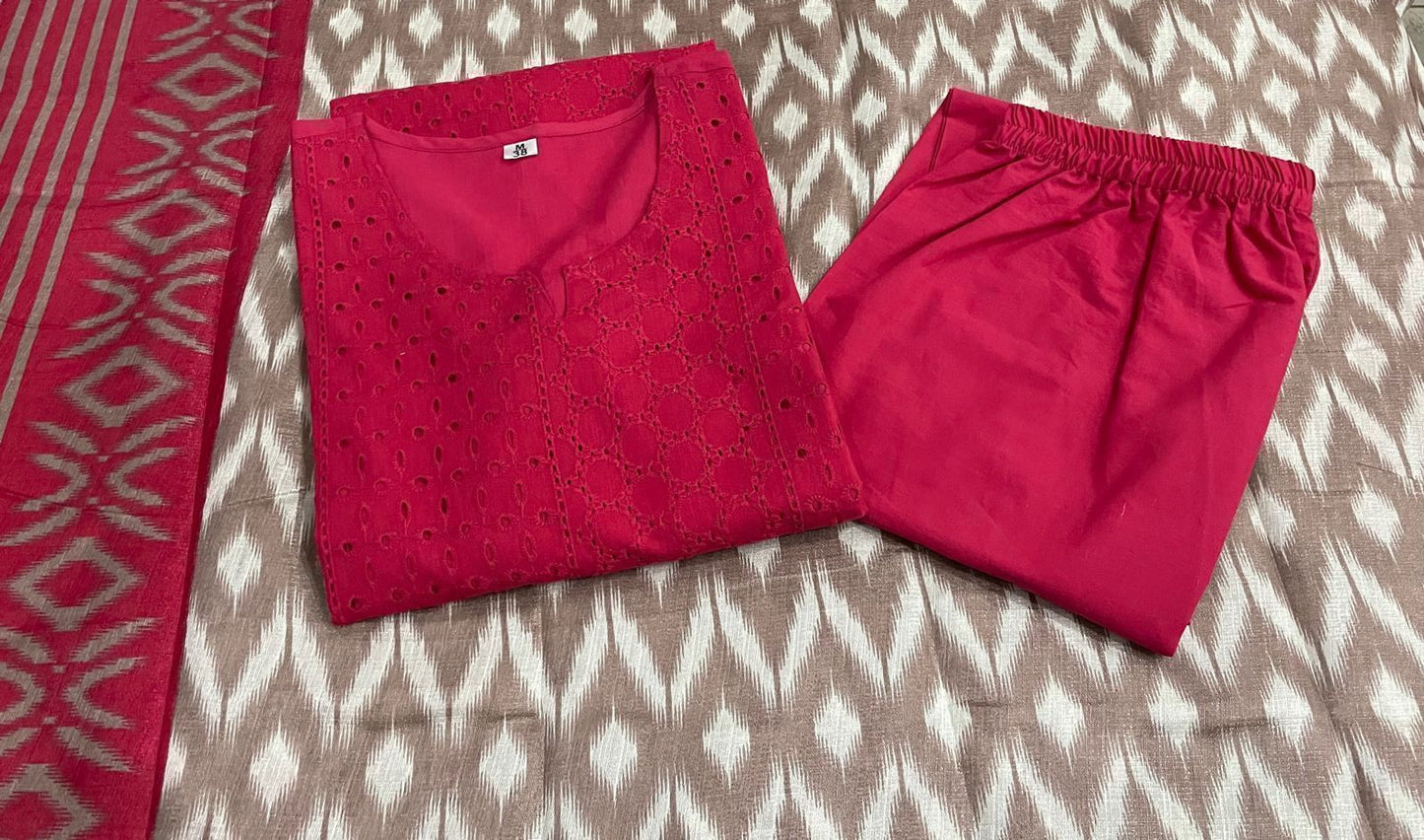 Schiffli Embroidered Cotton Kurti Set with Silk Dupatta – Cotton Lining & Pant Included