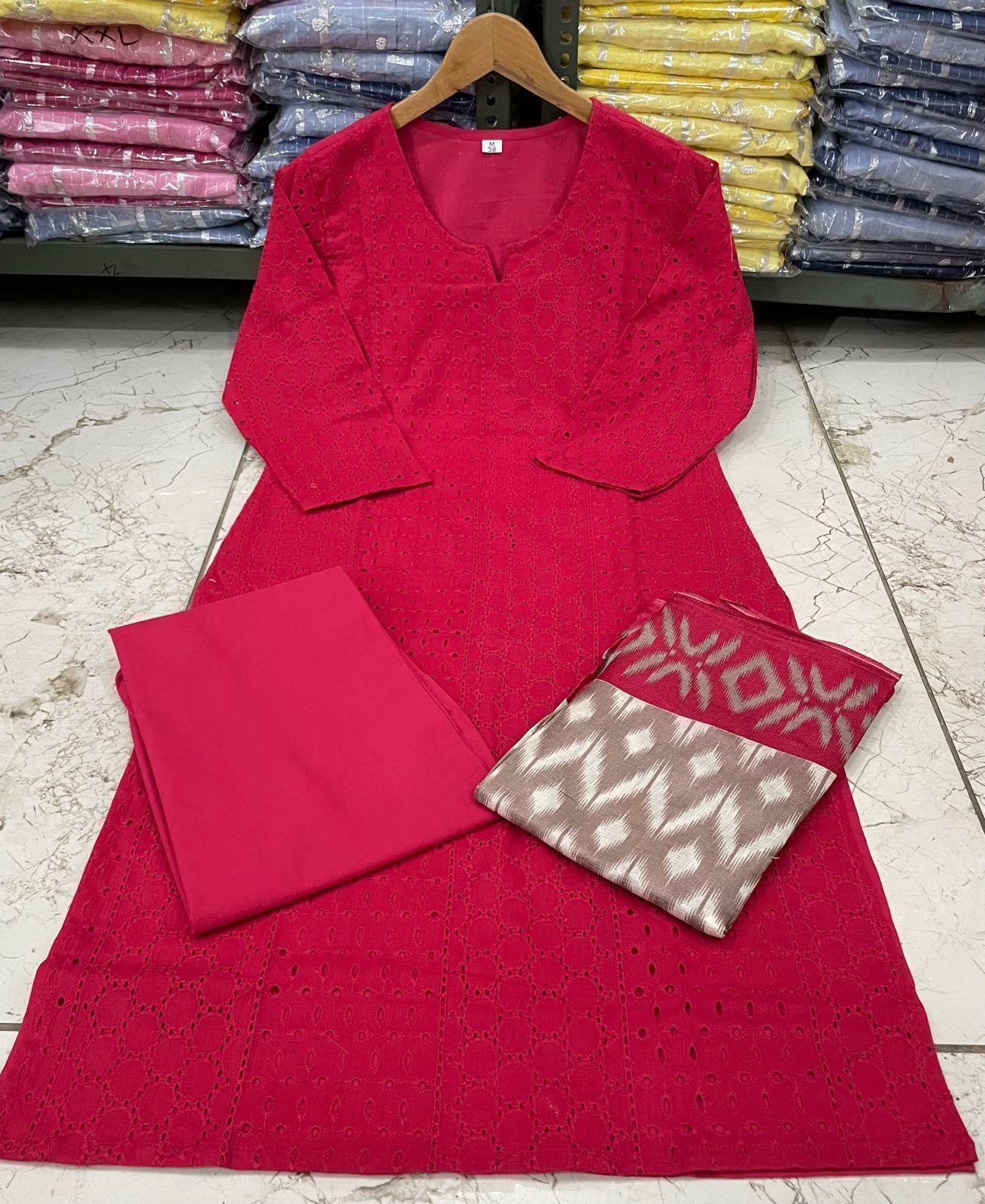 Schiffli Embroidered Cotton Kurti Set with Silk Dupatta – Cotton Lining & Pant Included