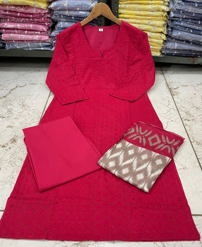 Schiffli Embroidered Cotton Kurti Set with Silk Dupatta – Cotton Lining & Pant Included