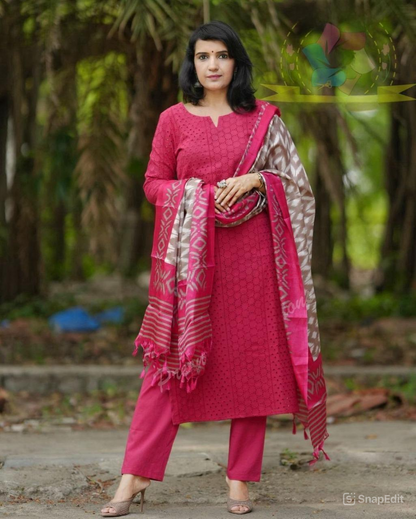 Schiffli Embroidered Cotton Kurti Set with Silk Dupatta – Cotton Lining & Pant Included