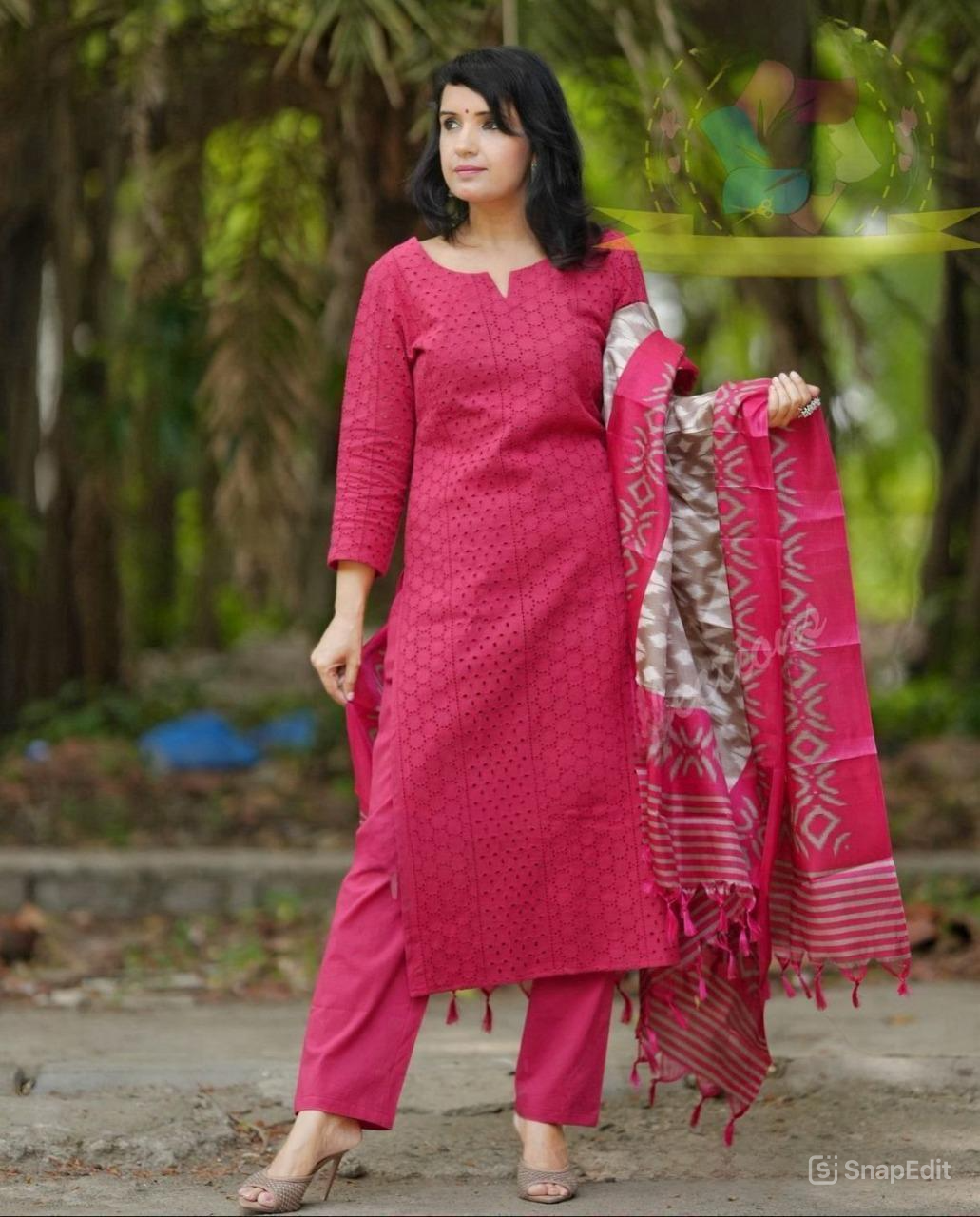 Schiffli Embroidered Cotton Kurti Set with Silk Dupatta – Cotton Lining & Pant Included