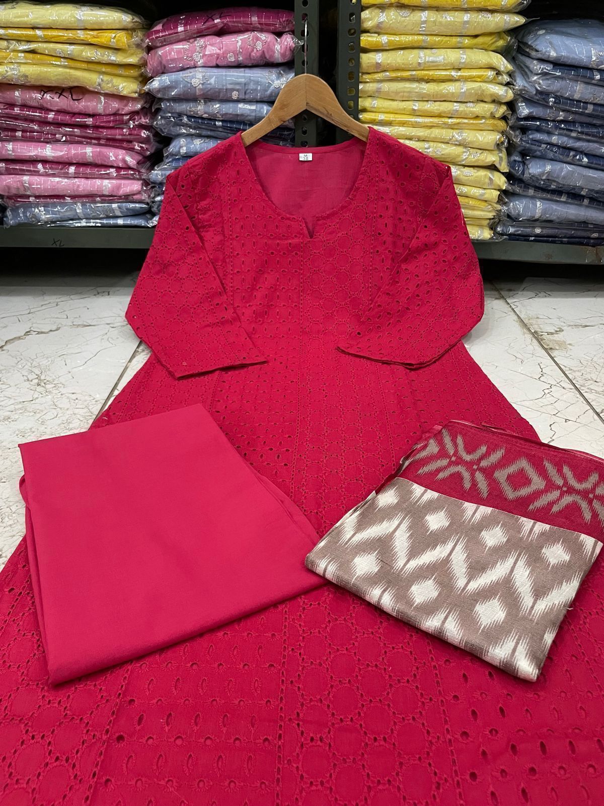 Schiffli Embroidered Cotton Kurti Set with Silk Dupatta – Cotton Lining & Pant Included