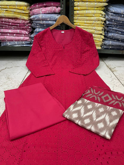 Schiffli Embroidered Cotton Kurti Set with Silk Dupatta – Cotton Lining & Pant Included