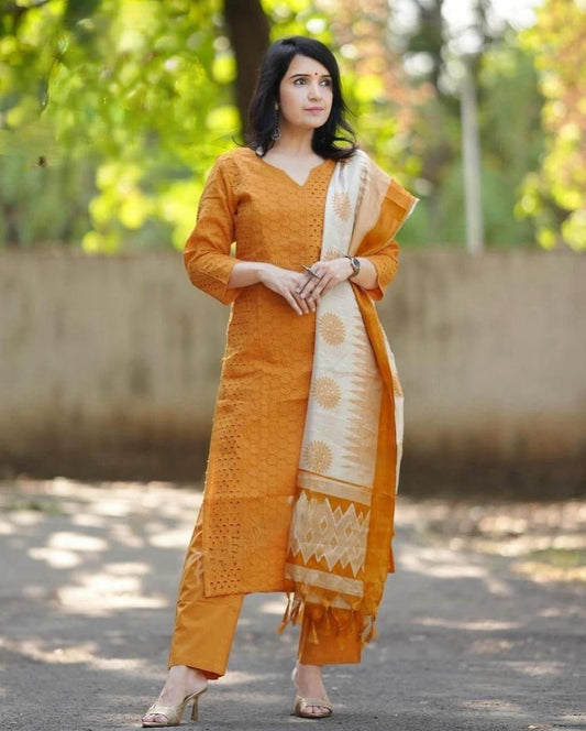 Schiffli Embroidery Kurti Set with Handloom Silk Dupatta & Cotton Pant
