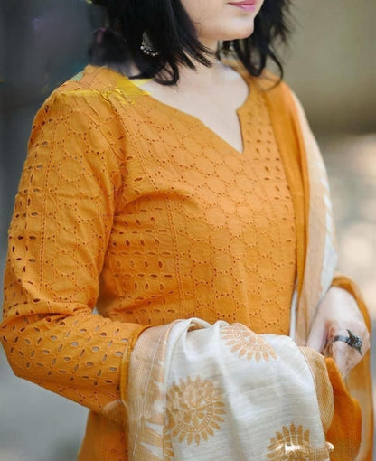 Schiffli Embroidery Kurti Set with Handloom Silk Dupatta & Cotton Pant