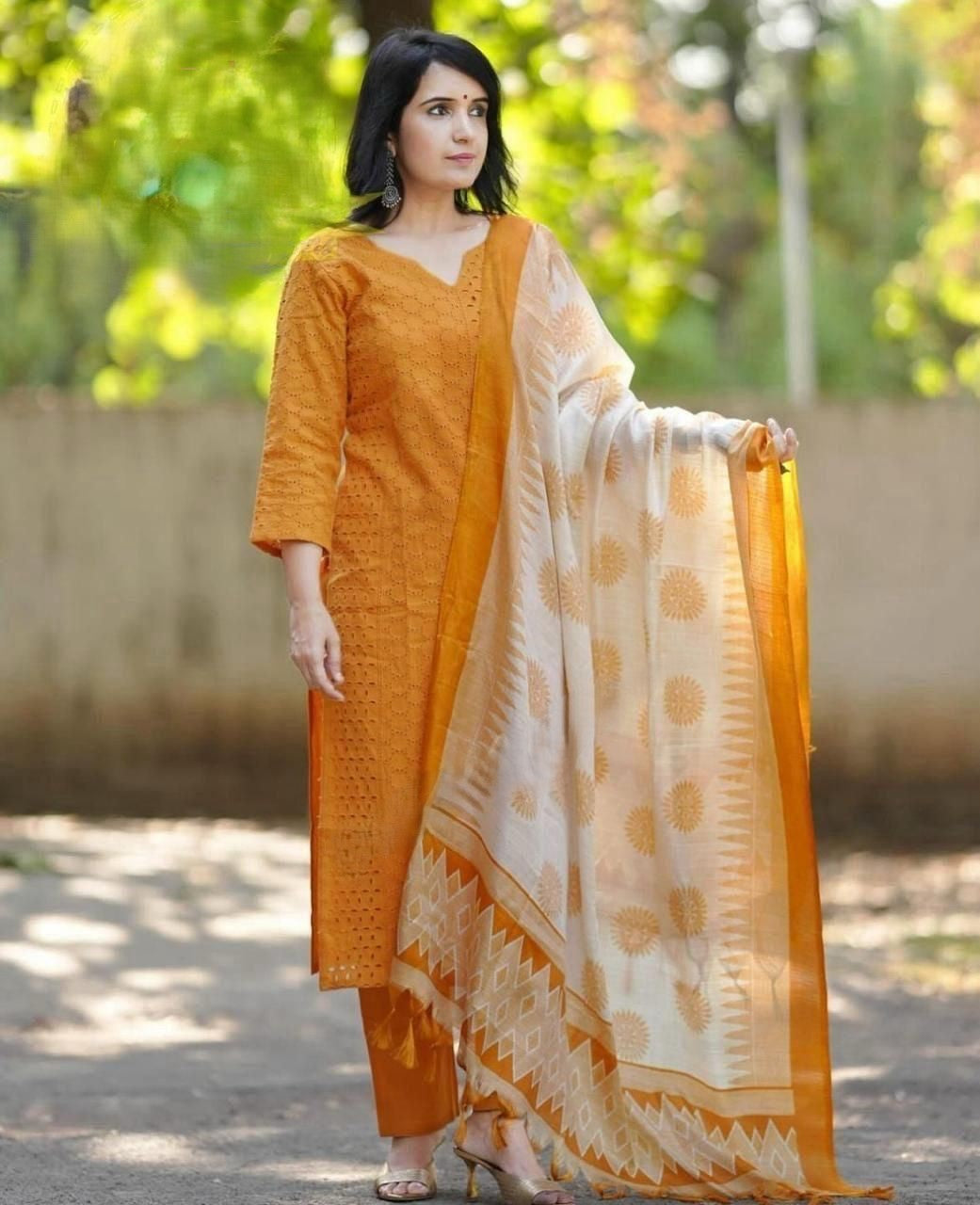 Schiffli Embroidery Kurti Set with Handloom Silk Dupatta & Cotton Pant