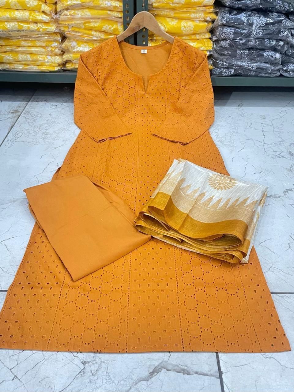 Schiffli Embroidery Kurti Set with Handloom Silk Dupatta & Cotton Pant