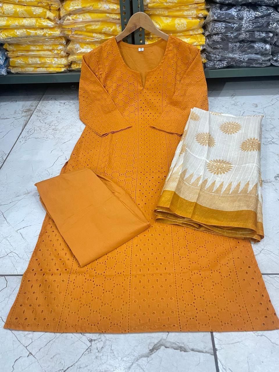 Schiffli Embroidery Kurti Set with Handloom Silk Dupatta & Cotton Pant