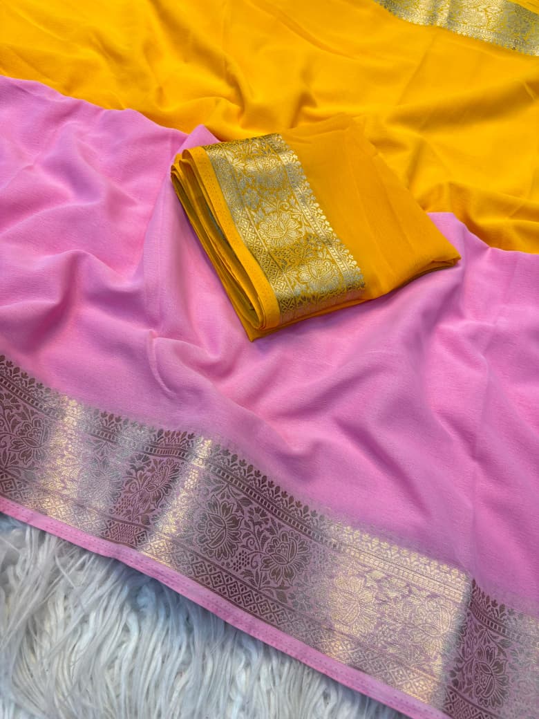 Shaded Chiffon Saree with Jacquard Border & Contrast Blouse