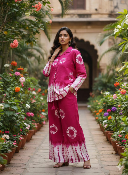 Shibori Printed Rayon Slub Full Sleeve Co-Ord Set for Women