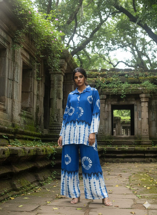 Shibori Printed Rayon Slub Full Sleeve Co-Ord Set for Women