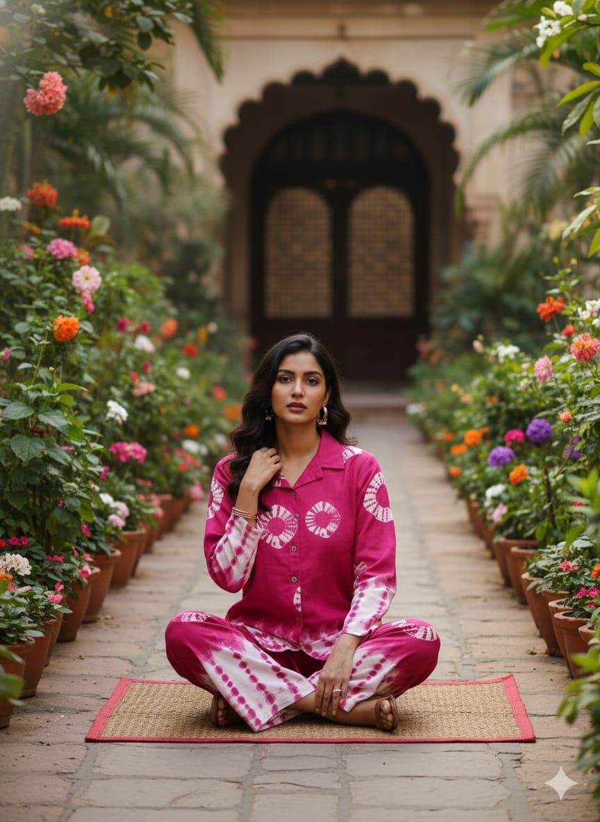 Shibori Printed Rayon Slub Full Sleeve Co-Ord Set for Women