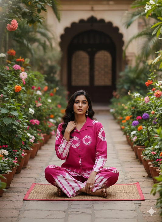 Shibori Printed Rayon Slub Full Sleeve Co-Ord Set for Women