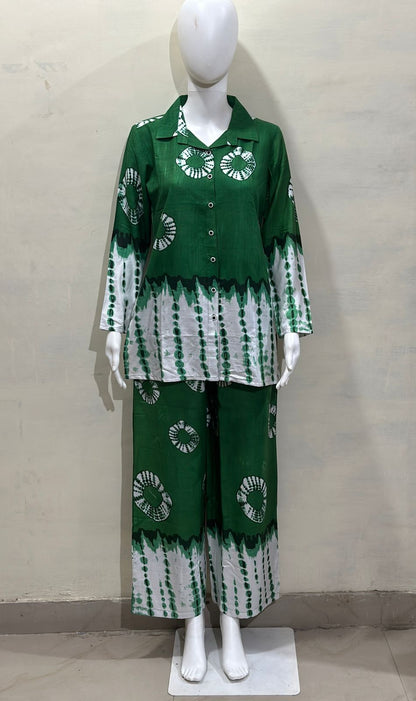 Shibori Printed Rayon Slub Full Sleeve Co-Ord Set for Women