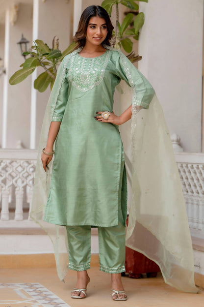 Silk Blend Embroidered Kurta Set with Silk Dupatta