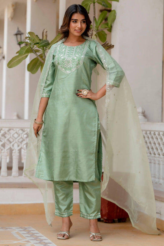 Silk Blend Embroidered Kurta Set with Silk Dupatta