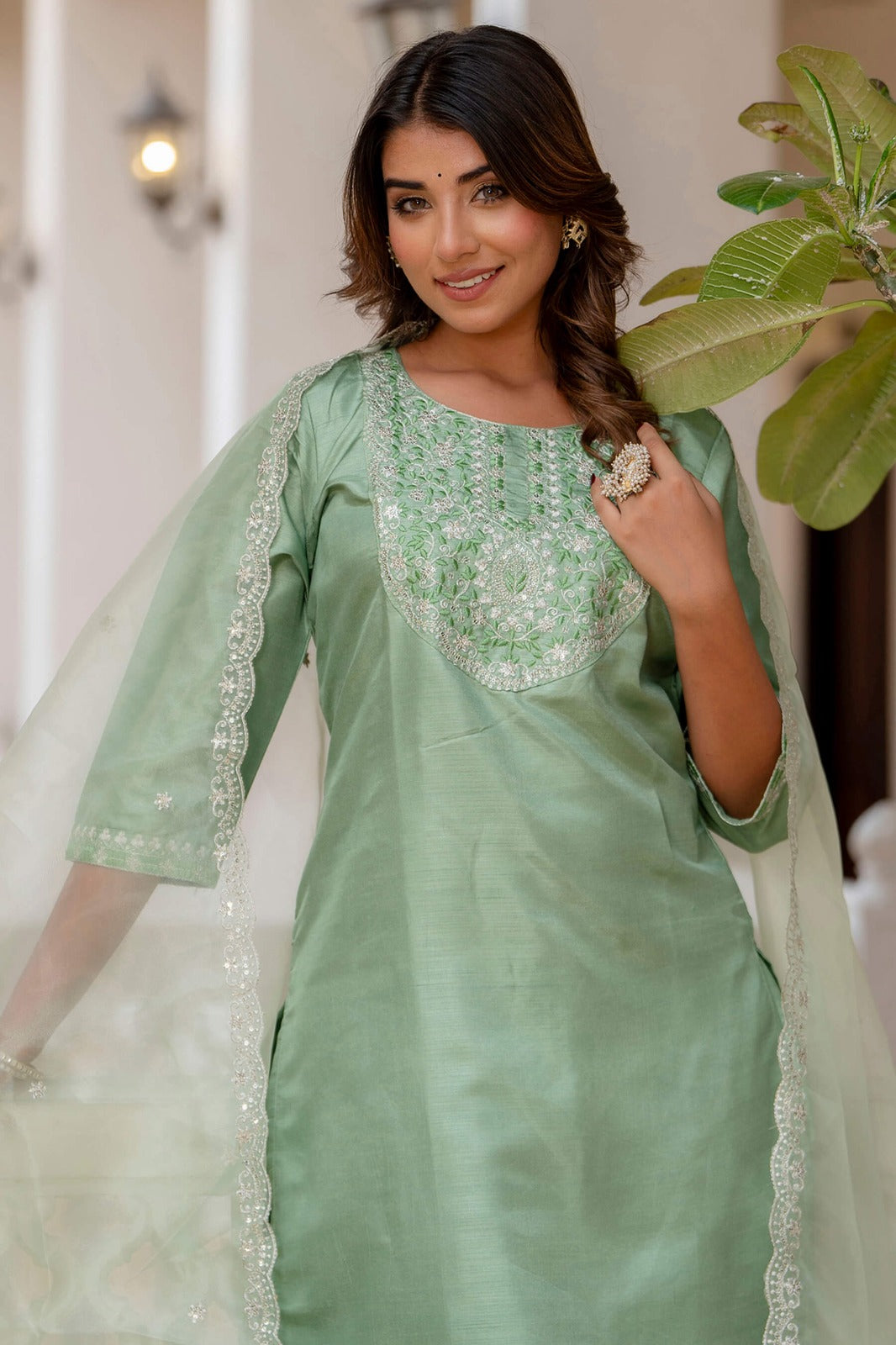 Silk Blend Embroidered Kurta Set with Silk Dupatta