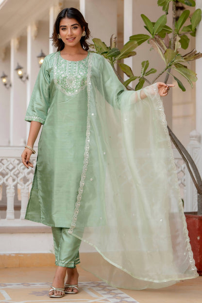 Silk Blend Embroidered Kurta Set with Silk Dupatta