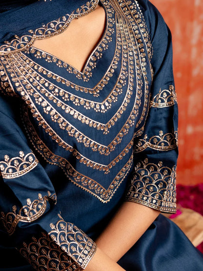 Silk Blend Kurta Pant Dupatta Set with Embroidered Chinon Dupatta for Women