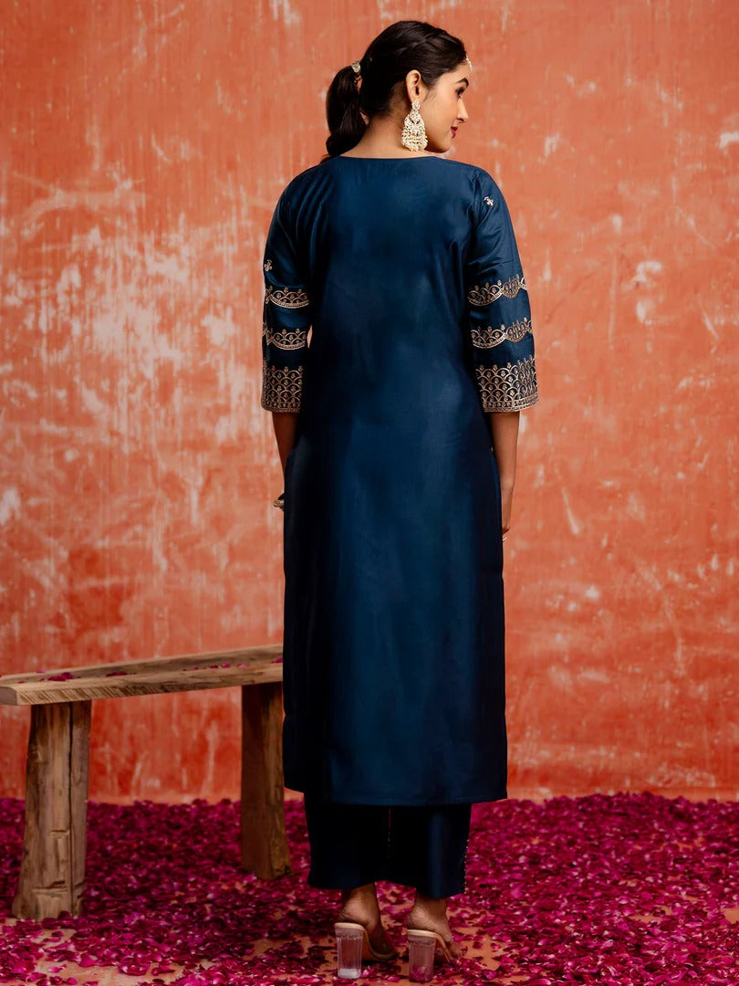 Silk Blend Kurta Pant Dupatta Set with Embroidered Chinon Dupatta for Women