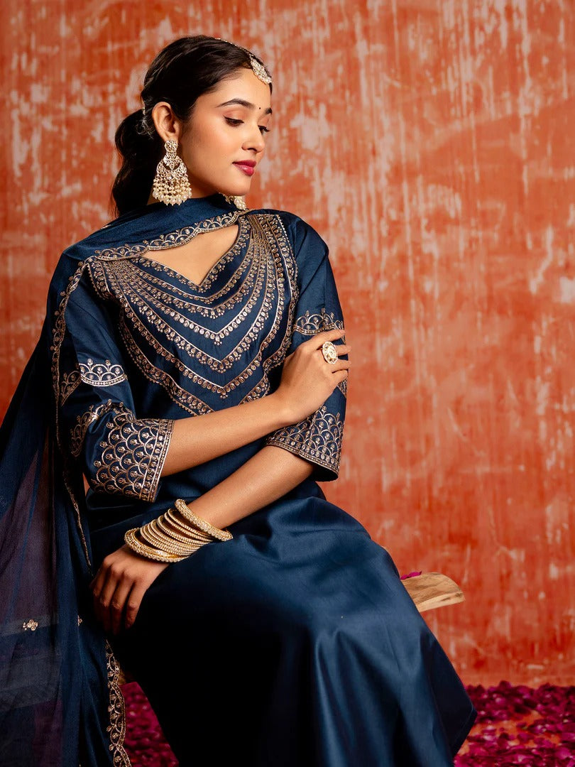 Silk Blend Kurta Pant Dupatta Set with Embroidered Chinon Dupatta for Women