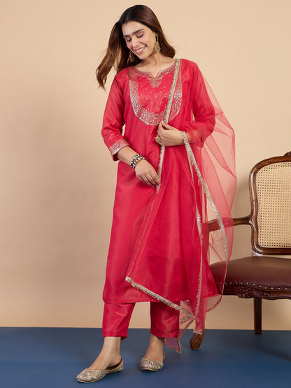 Silk Blend Kurta Pant Set with Zari Thread Embroidery & Organza Dupatta