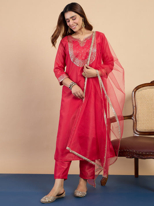 Silk Blend Kurta Pant Set with Zari Thread Embroidery & Organza Dupatta